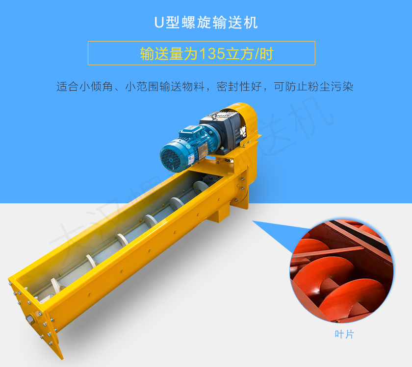 U型螺旋輸送機適合小傾角、小范圍輸送物料,密封性好,可防止粉塵污染